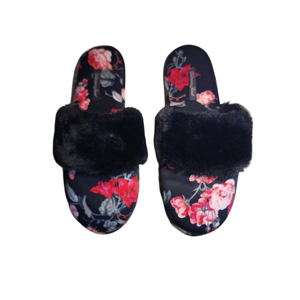 Victoria's Secret Slippers Pink Red Floral Black Faux Fur Size M